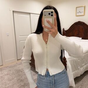 H&M White Ribbed Zip-Up Sweater